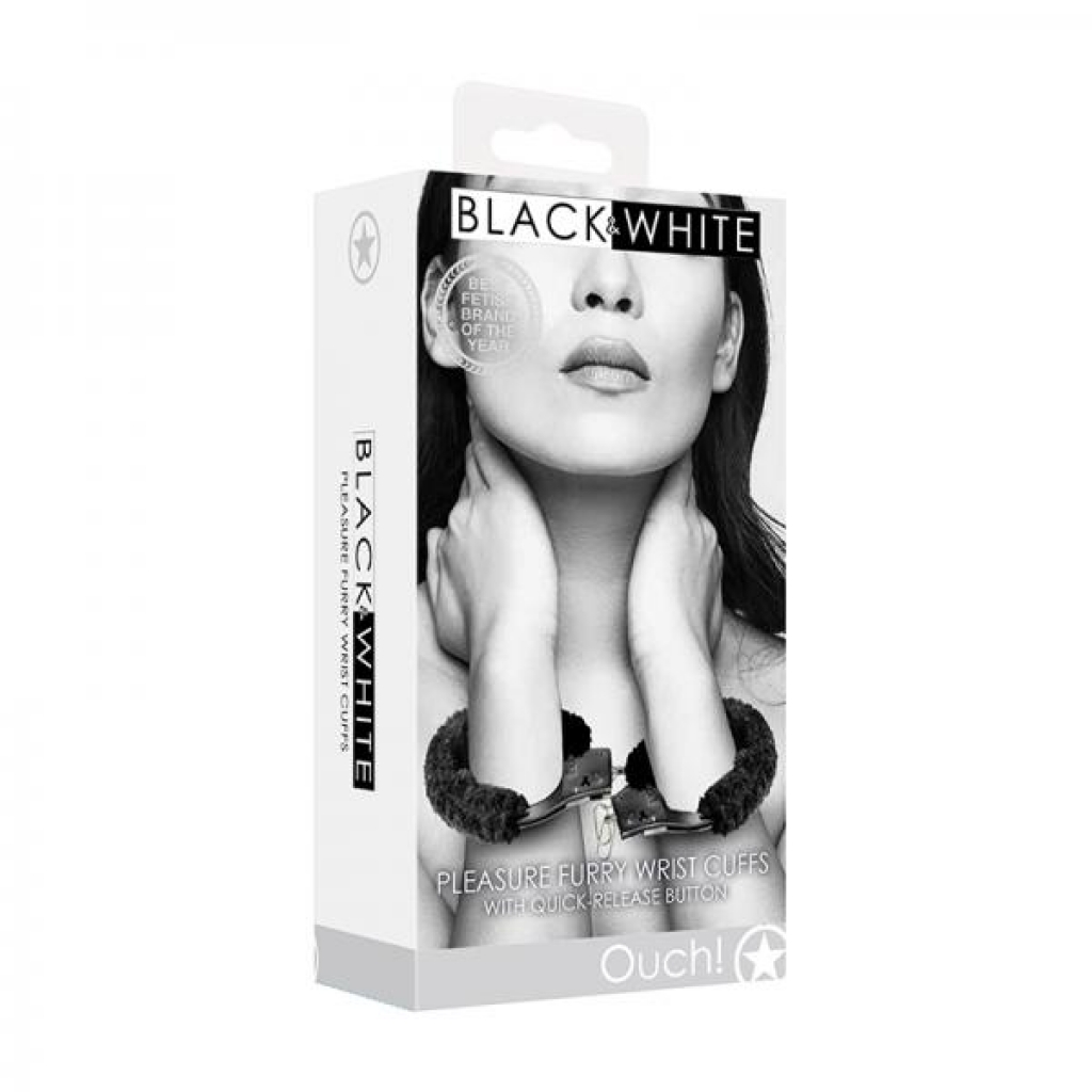 Ouch! Black & White Beginner Pleasure Furry Wrist Cuffs With Quick-release Button