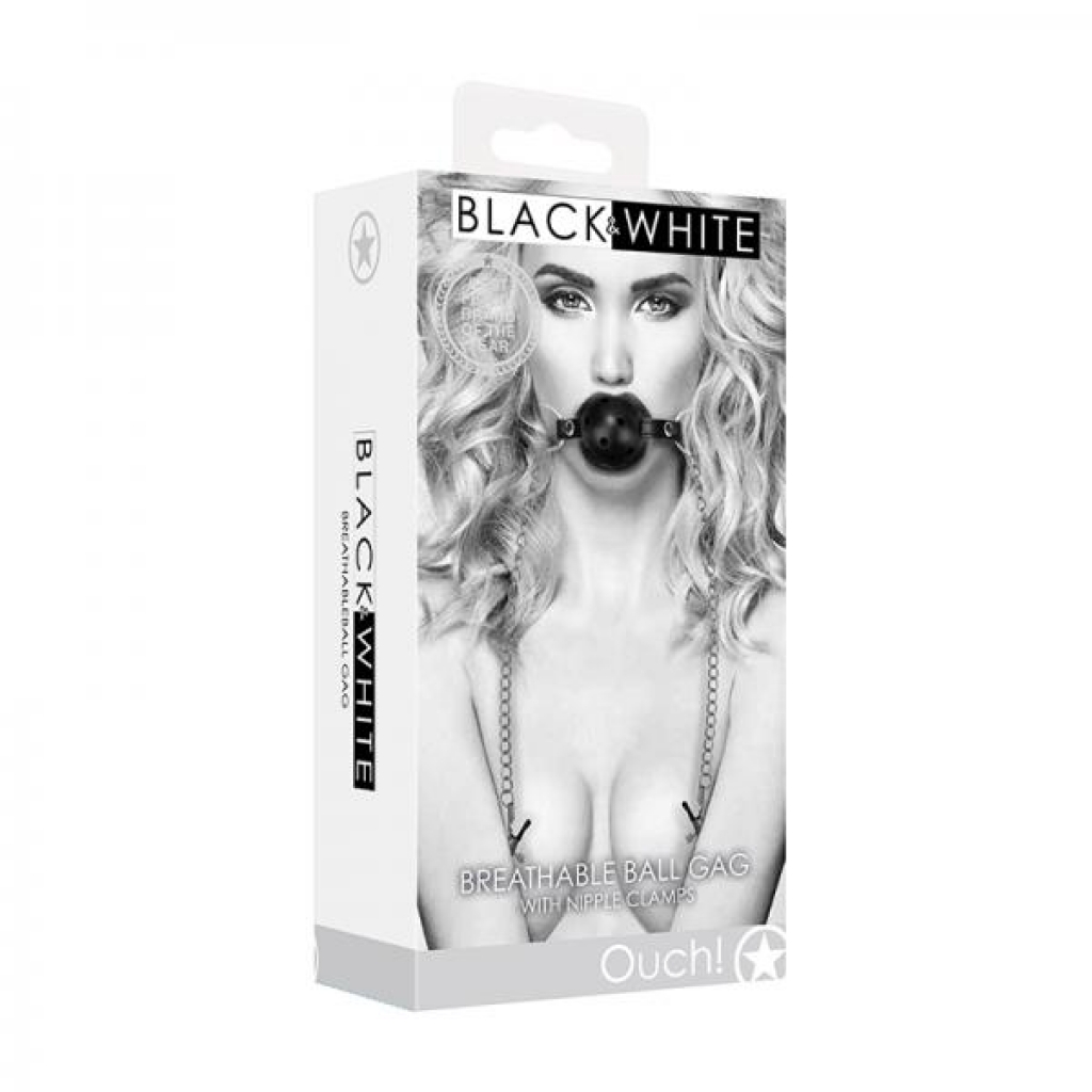 Ouch! Black & White Breathable Ball Gag With Nipple Clamps Black