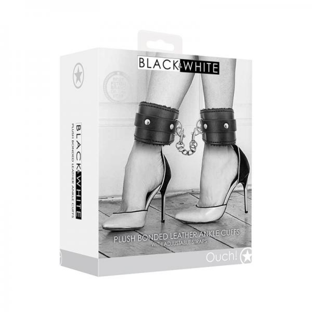 Ouch! Black & White Plush Bonded Leather Ankle Cuffs With Adjustable Straps Black
