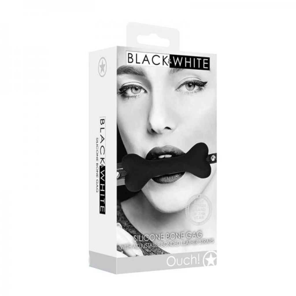 Ouch! Black & White Silicone Bone Gag With Adjustable Bonded Leather Straps Black