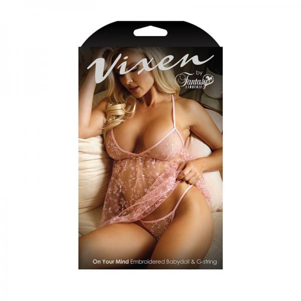 Vixen On Your Mind Embroidered Sheer Mesh Babydoll & G-string Panty Light Pink O/s