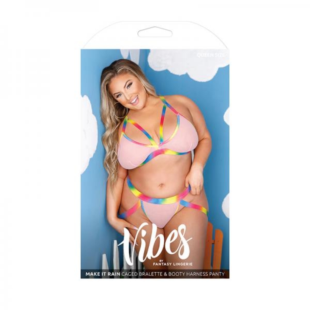 Vibes Make It Rain Caged Bralette & Panty With Booty Harness Queen Rainbow