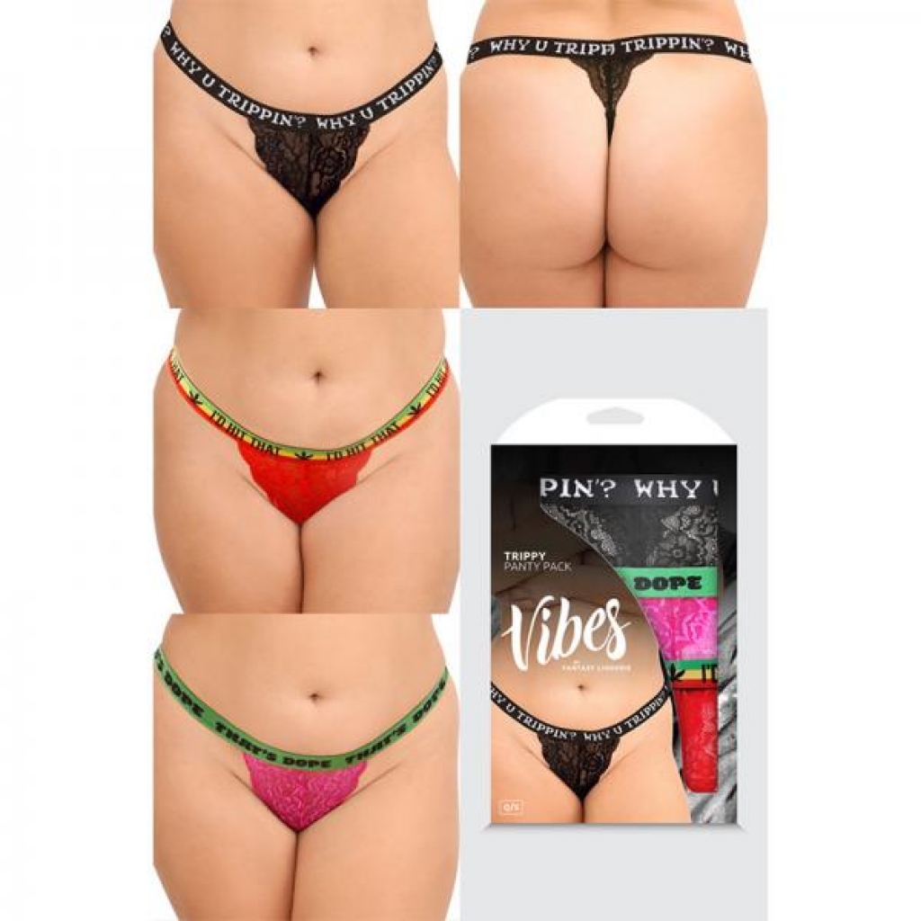 Fantasy Lingerie Vibes Trippy Vibes Pack 3-piece Lace Thong Panty Set Black/red/pink Queen Size