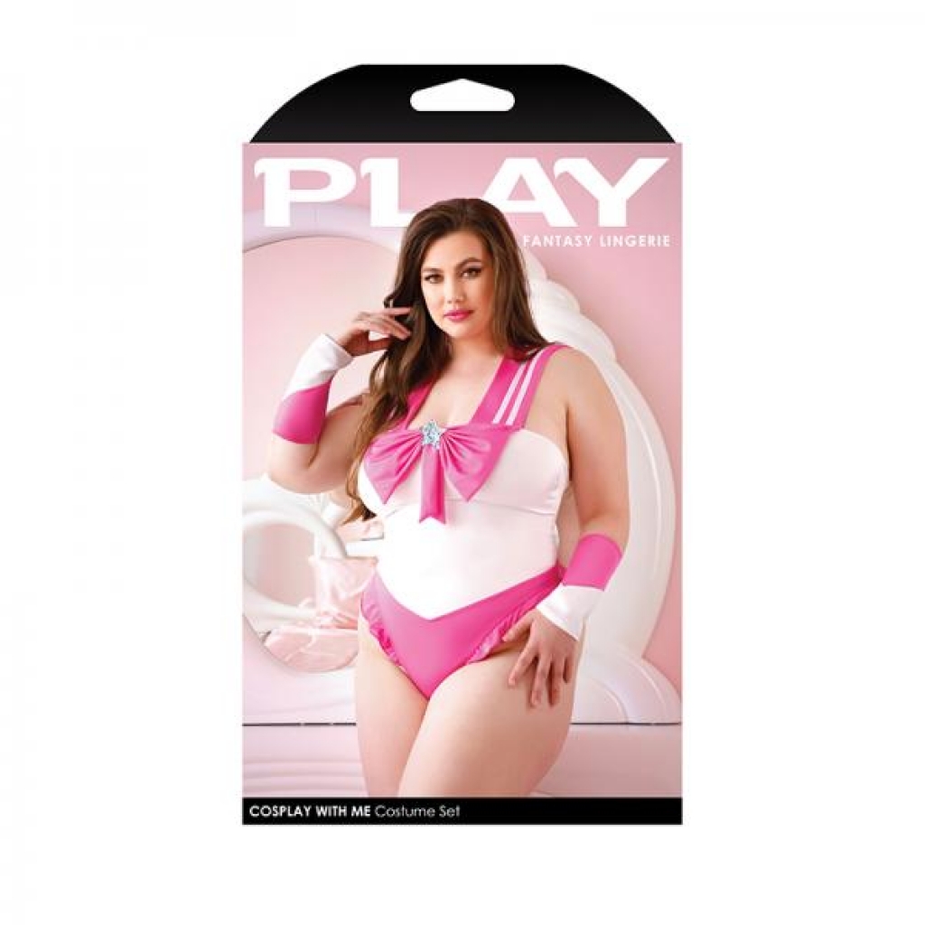Play Cosplay With Me Sailor Costume Bodysuit With Snap Closure & Matching Arm Bands 1x/2x Pink
