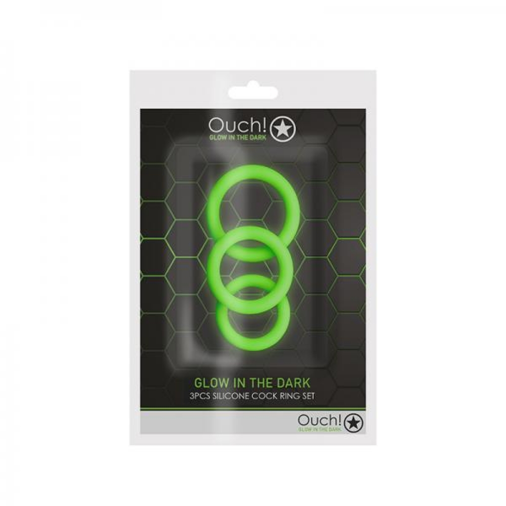 Ouch! Glow 3-piece Penis Ring Set - Glow In The Dark - Green