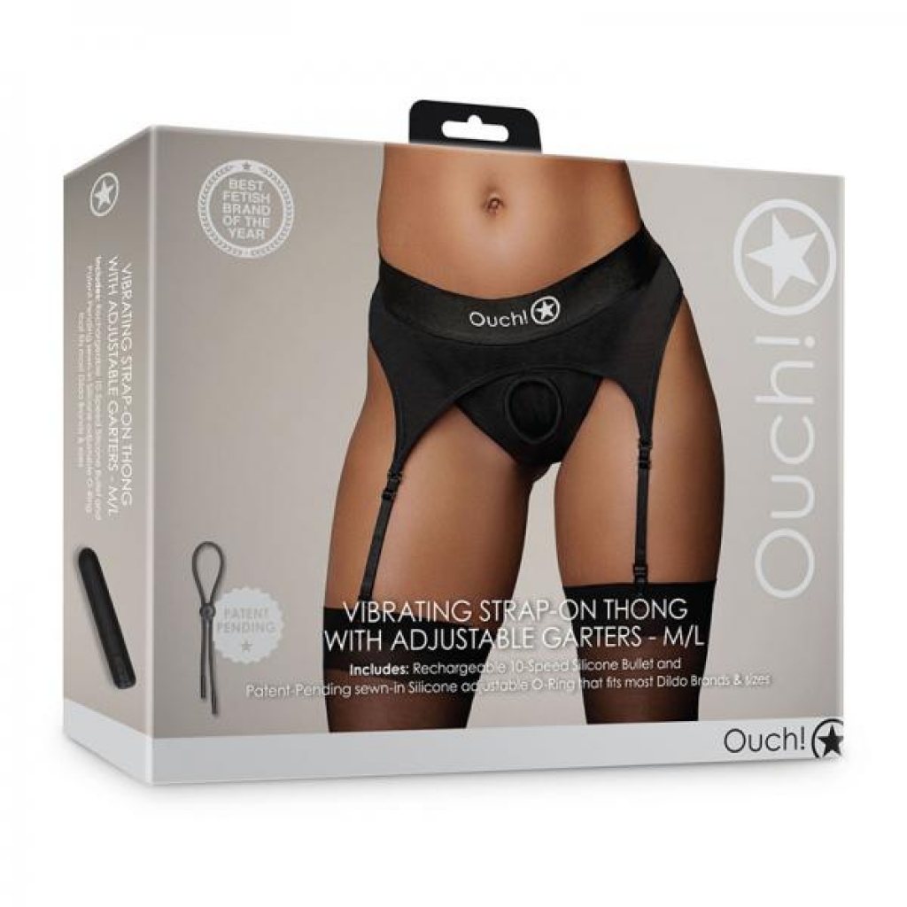 Shots Ouch! Vibrating Strap-on Thong With Adjustable Garters Black M/l