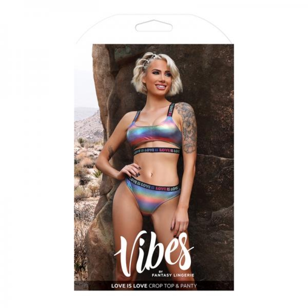 Fantasy Lingerie Vibes Love Is Love Underboob Cut Out Top & Cheeky Panty Rainbow Holo S/m