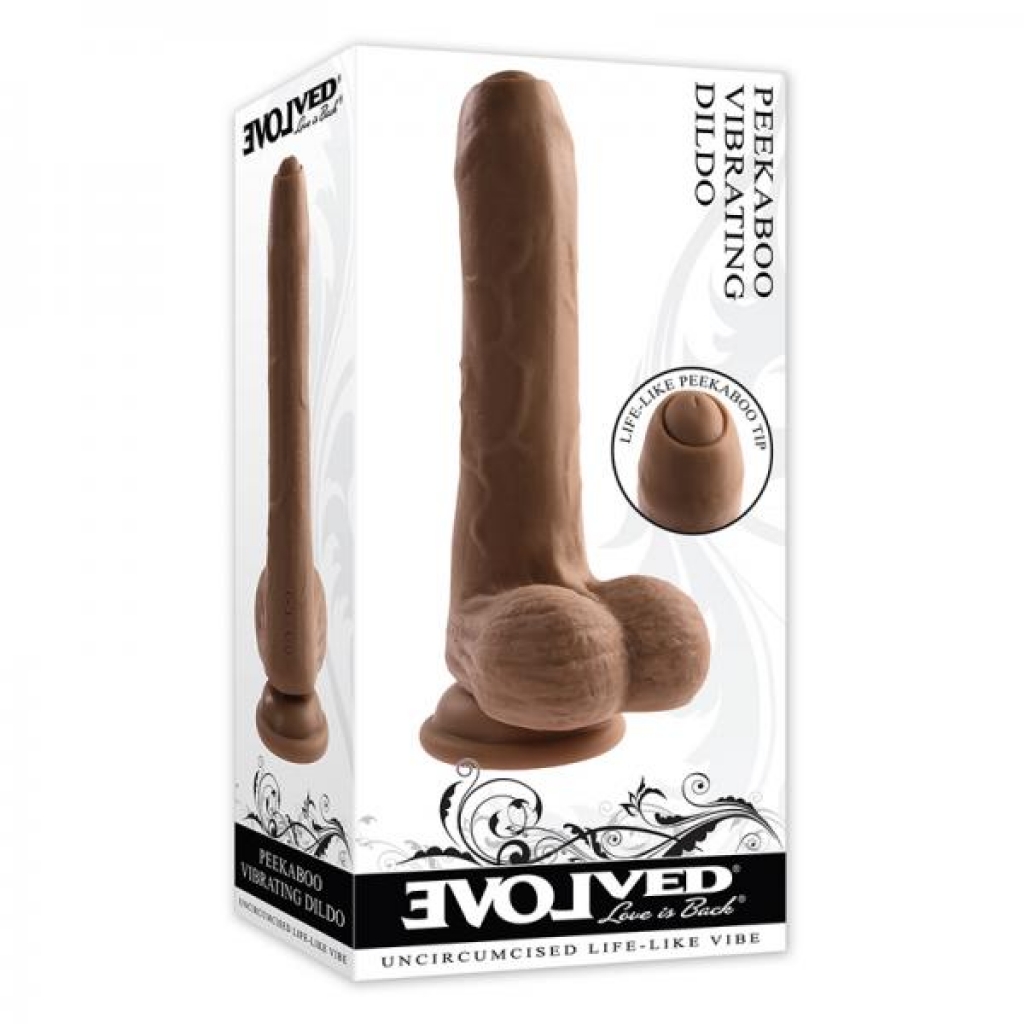 Evolved Peek A Boo Rechargeable Vibrating 8 In. Silicone Uncircumcised Dildo With Power Boost Dark