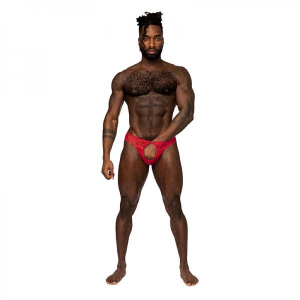 Male Power Sassy Lace Open Ring Thong Red S/m