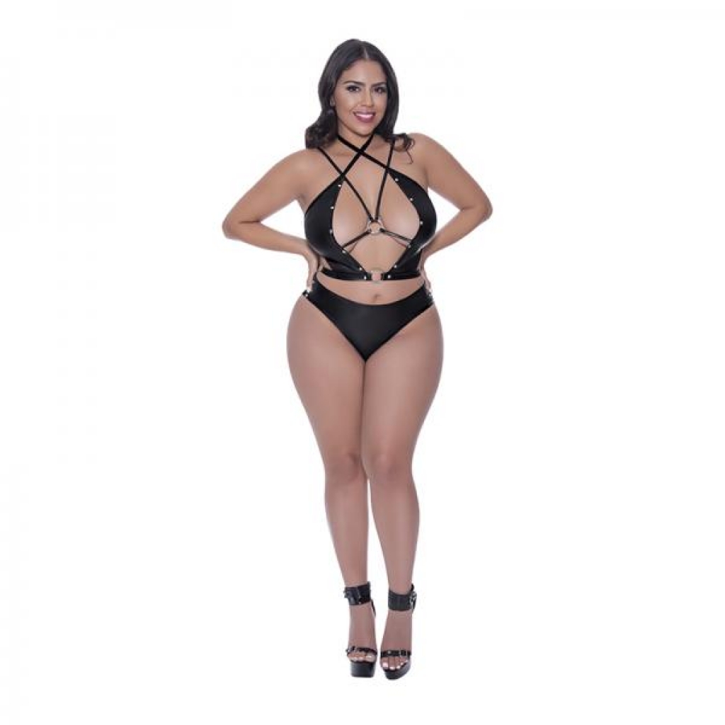 Lust Fetish Delia Strappy Bustier & Tanga Panty Black Queen Size