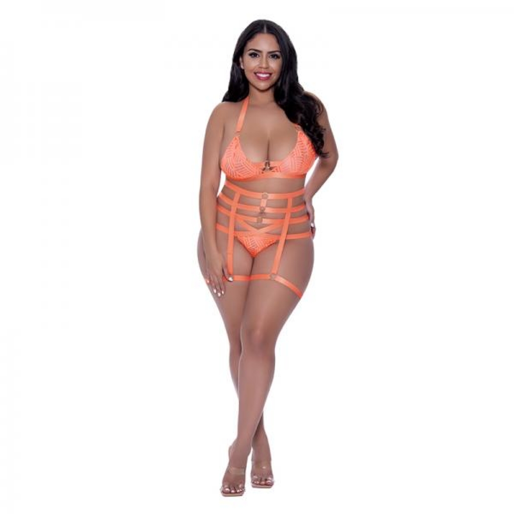 Magic Silk Rude Awakening Bralette, Thigh High Garter & Cheeky Panty Set Neon Orange Queen Size