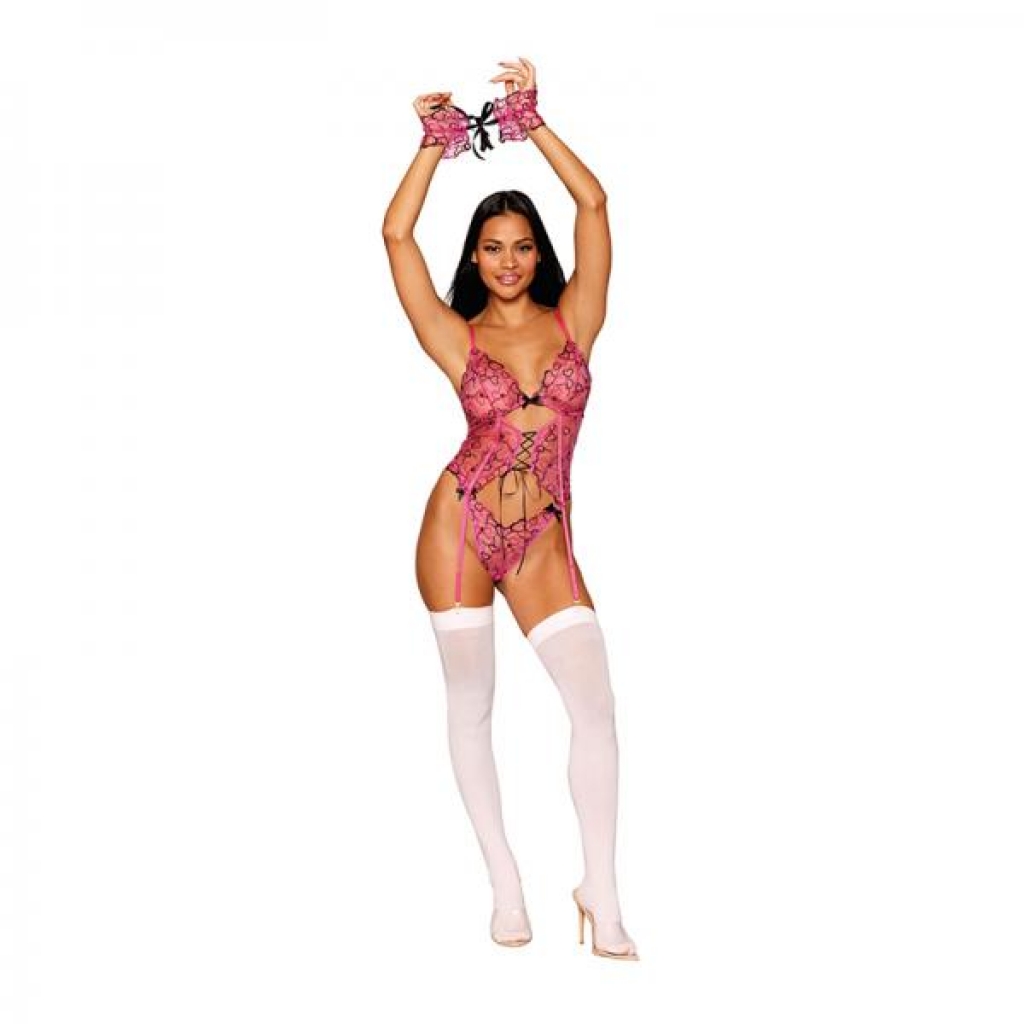 Dreamgirl Multicolored Heart Embroidered Bustier, G-string And Wrist Restraints Set Peony O/s