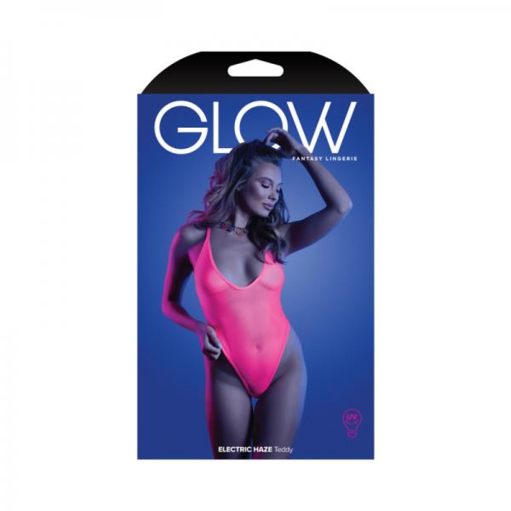 Fantasy Lingerie Glow Electric Haze Criss Cross Back Teddy With Snap Closure Neon Pink S/m