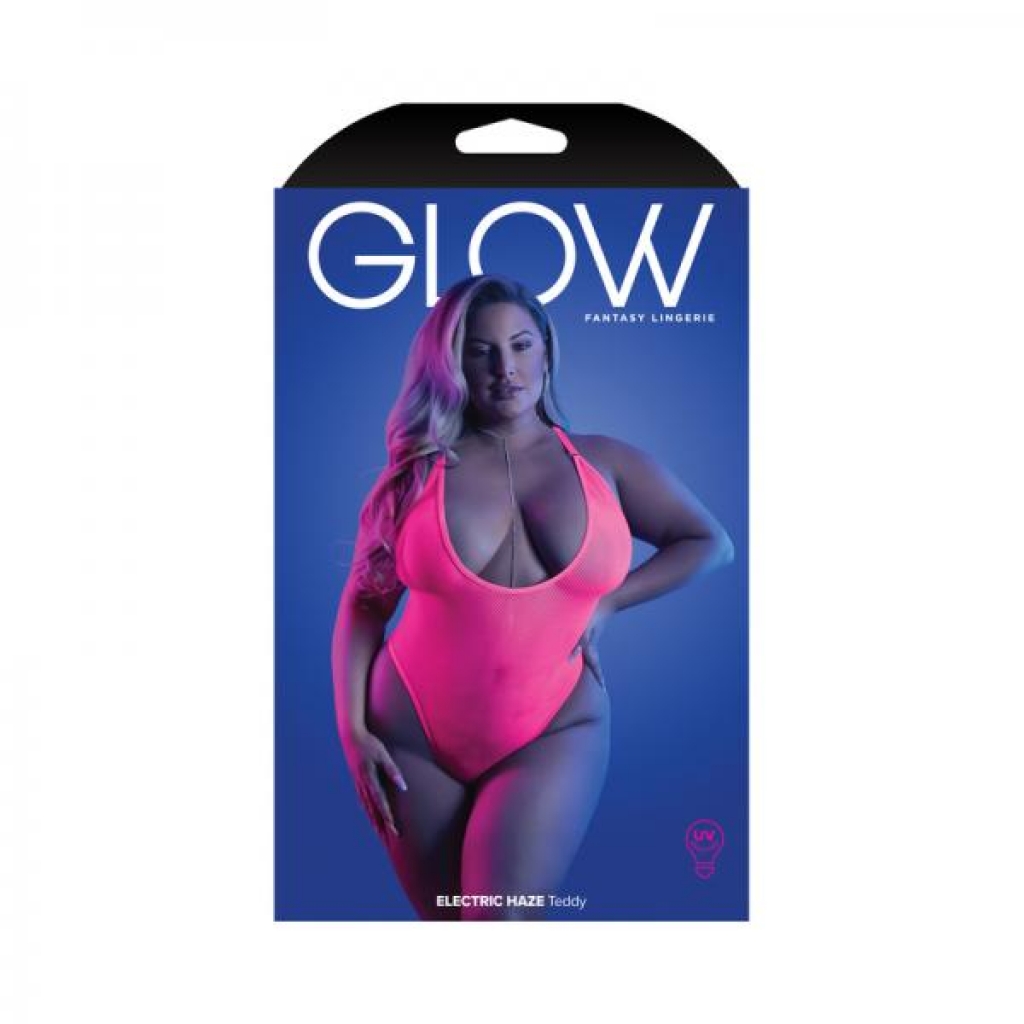 Fantasy Lingerie Glow Electric Haze Criss Cross Back Teddy With Snap Closure Neon Pink Queen Size