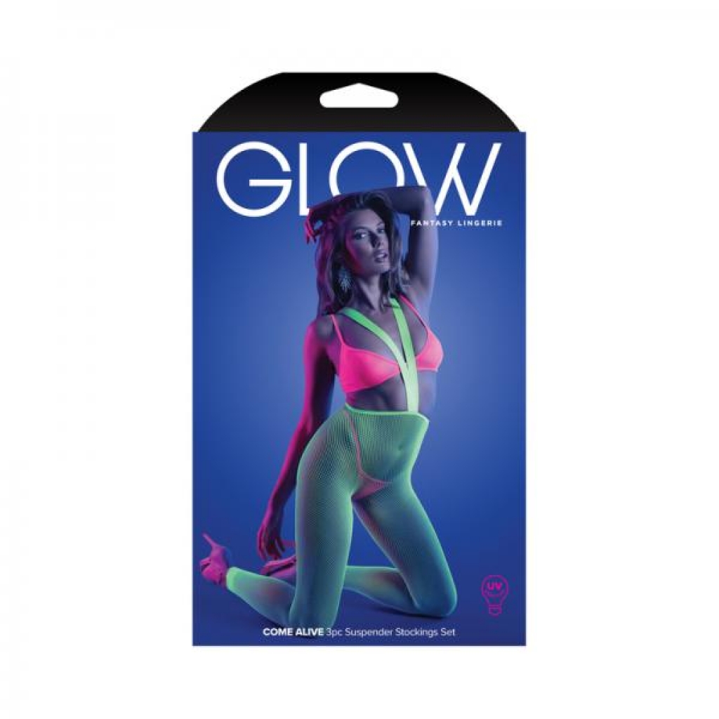 Fantasy Lingerie Glow Come Alive 3-piece Bralette, G-string & Suspender Stockings Set Neon Green Que