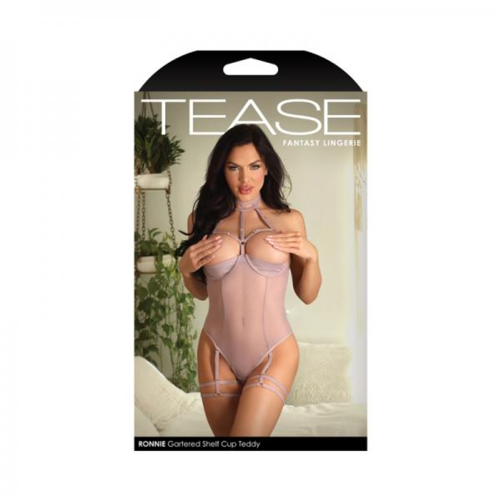 Fantasy Lingerie Tease Ronnie Caged Shelf Cup Teddy With Snap Closure & Leg Garters Pale Mauve S/m