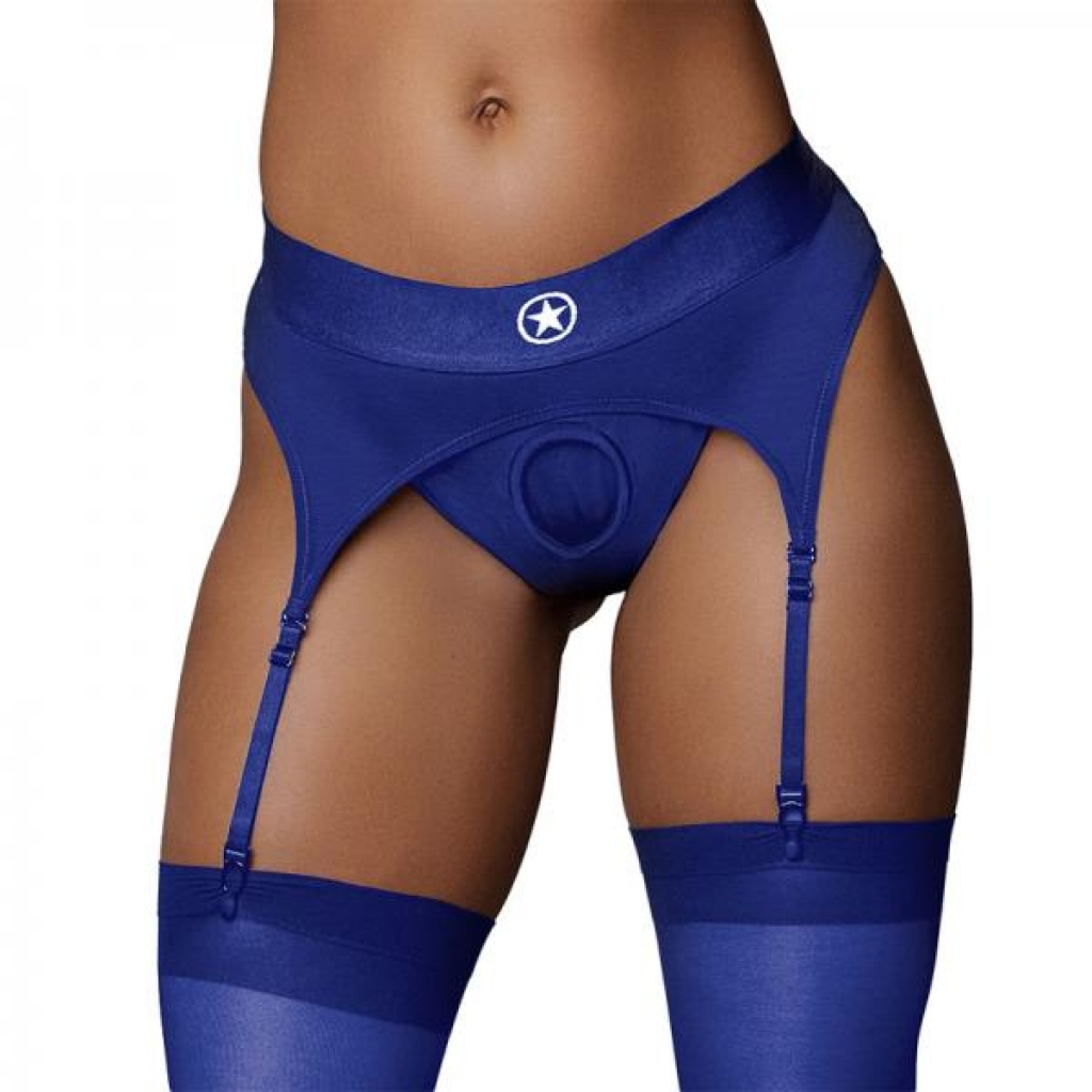 Ouch! Vibrating Strap-on Thong With Adjustable Garters Royal Blue M/l